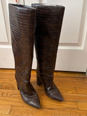 Jeffrey Campbell Tall Croc-Embossed Pointed-Toe Boots - Dark Brown